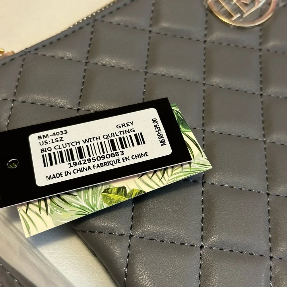 Badgley Mischka XL Quilted Clutch Wristlet NWT Grey